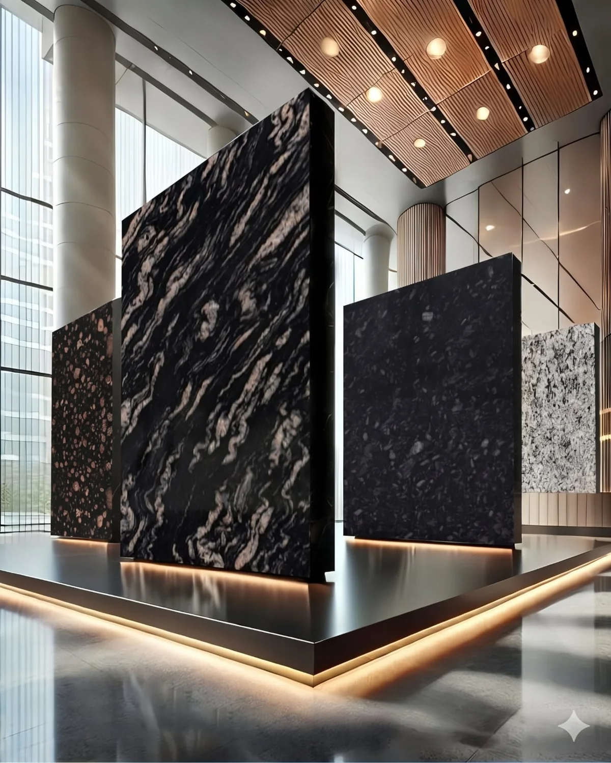 Polished granite slabs on display in a stone showroom