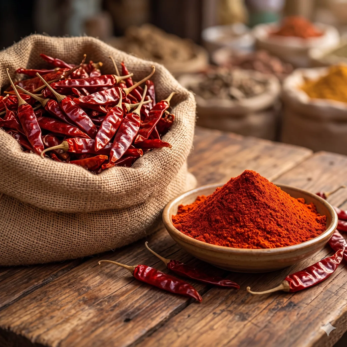Whole dried red chillies in a jute sack beside a bowl of red chilli powder